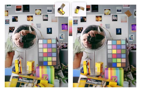 Left (A): Kodacolor 100. Right (B): Pro Image 100. Inverted with film Q, colour-corrected. 𝒇3.5 1/60 (EI 100, middle grey).
