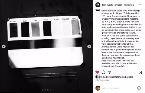 Film Washi “E” is a new emulsion for photographers made from a film stock designed for PCB manufacturing.
This film is…