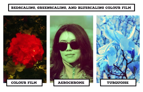 Redscaling, greenscaling, and bluescaling colour films.