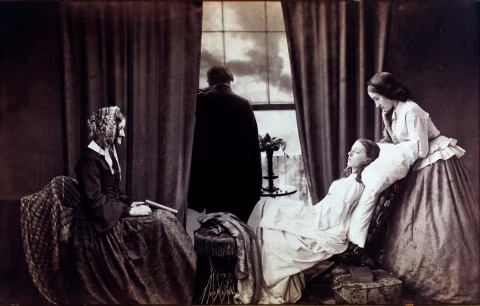 “Fading Away” by Henry Peach Robinson (1858) is an example of pictorialist photography style. Curiously, this is also an example of composite printing (this image was created from several photographs 167 years ago!
