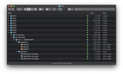 An easy organizational schema for film scans by year, month, and roll with additional info about camera and lab.