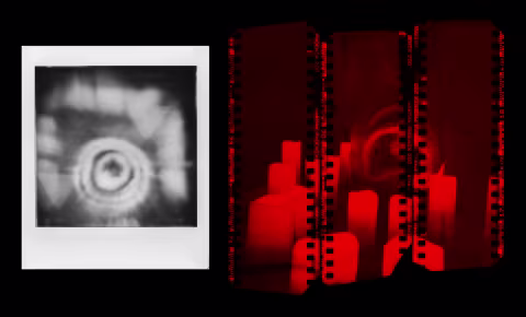 Left: a homemade gingerbread camera with a sugar lens “self-portrait” on Instax Square through a mirror. Right: a homemade pinhole camera inside a pumpkin “self-portrait” on redscaled Harman Phoenix through a mirror.