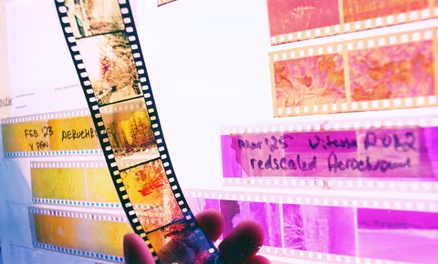 Developed Aerochrome film strips. Left: Aerochrome processed in C-41, middle: Aerochrome processed in E-6, top-right typical colour-negative film, bottom-right redscaled a.k.a. “greenscaled” Aerochrome (C-41).