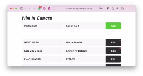 Logging film/camera before going out to shoot via Film Log.