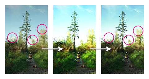 This is an extreme example of destructive contrast and saturation applied to the image (middle). Attempts to correct those edits (right) may create a resemblance of the initial image (left); however, details like clouds and delicate shades in tree tops disappear (compare pink circles).