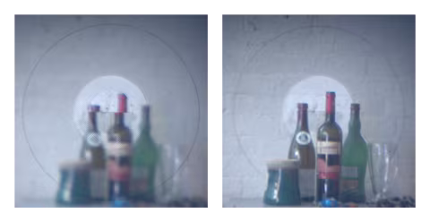 A view through an SLR viewfinder. Note the circle in the middle with a split image. The split image is not aligned when the lens is out of focus (left); once you correct the focus, the split image lines up (right). Source: Dave Fischer, Wikimedia Commons.