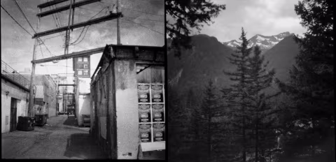 Left: an entrance to one of the back alleys of Downtown Eastside area; needles, crack pipes, homeless, and addicts. Right: coastal mountains.
