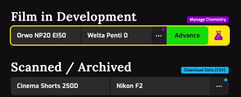 A screenshot of the Film Log app for keeping a track of film across its various stages of progress.