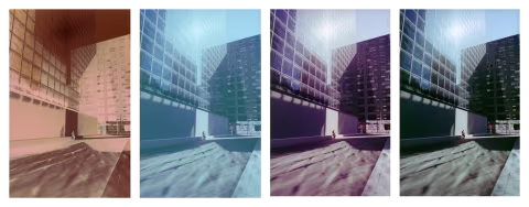 Film inversion process from left to right: negative, inverted colours, stretched histogram, colour-corrected.