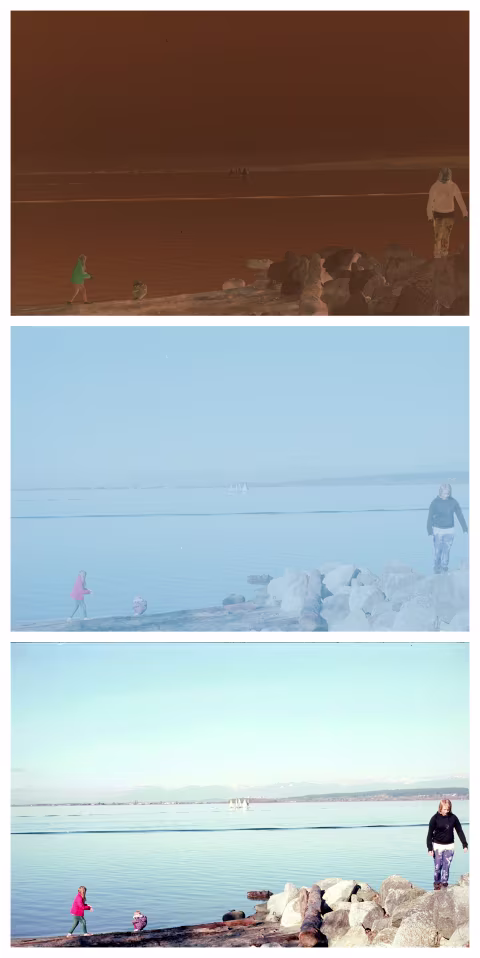 Film negative reversal process. Top: unedited image data from the scanner, middle: the colours are inverted, but a strong blue cast makes the image unusable, bottom: a colour correction process removes the blue cast, producing a usable photograph.