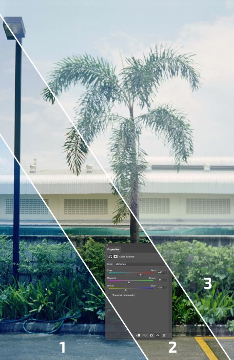 Figure 1. On the left (1), a scene with a slight underexposure, scanned without colour correction. Middle (2), is a colour-corrected (1) via Photoshop’s Color Balance sliders. Right (3) is the same scene exposed with two extra stops of light with no colour correction.