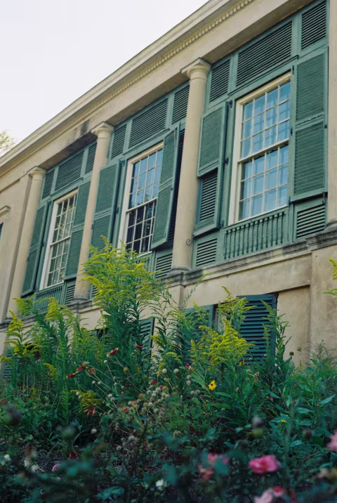 A historic home with old shutters matching the colors of the lush green gardens.