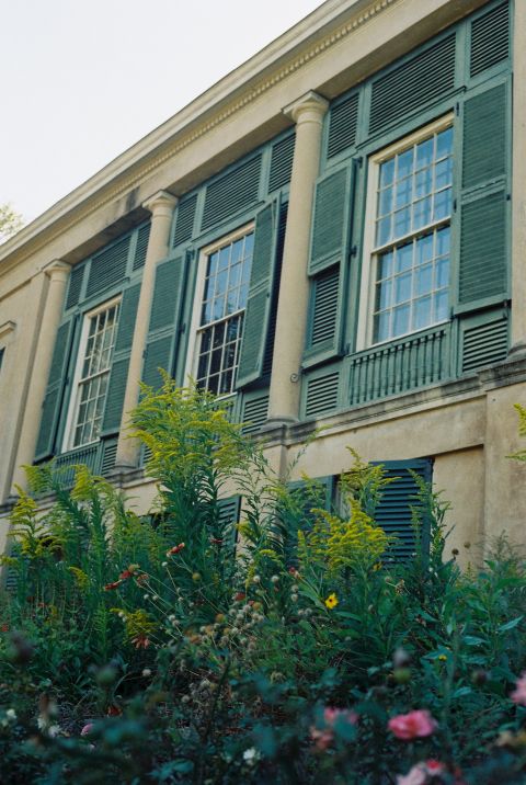 A historic home with old shutters matching the colors of the lush green gardens.