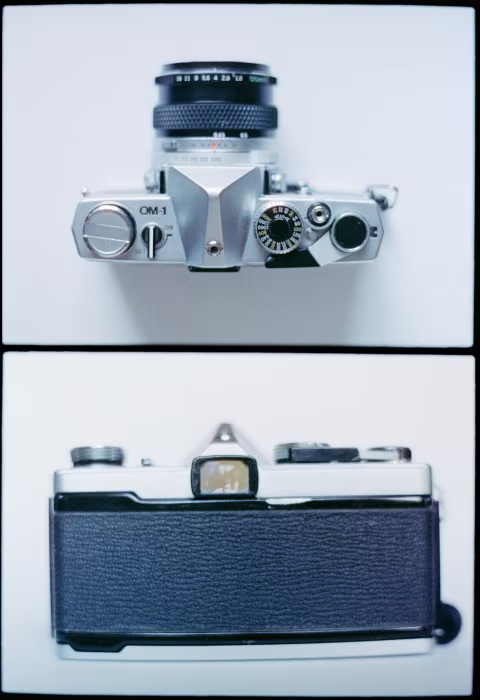Olympus OM-1 top panel and the viewfinder.