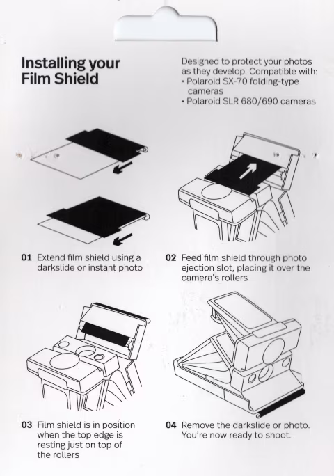 Polaroid Film Shield/frog tongue installation manual for Polaroid SX-70 film cameras.