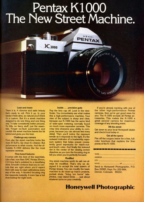 A 1976 magazine ad for Pentax K1000. Scan by @nesster on Flickr (3771956220).