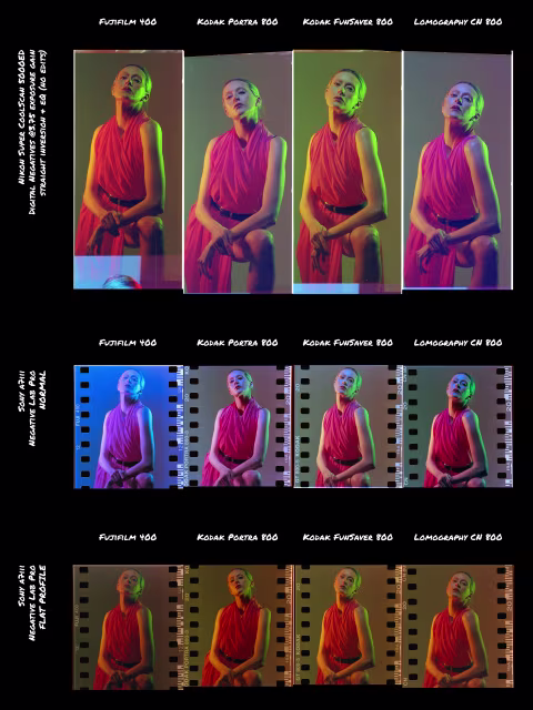 Negative Lab Pro normal (middle) and FLAT (bottom) profile conversions compared against manual film inversions (top).
