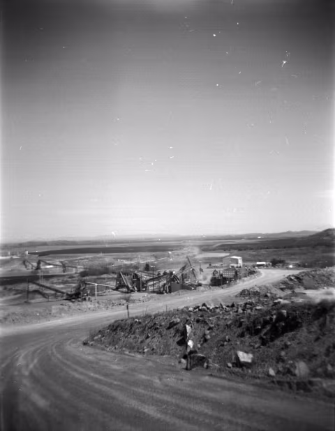 Looking down at the belts from the quarry road above.