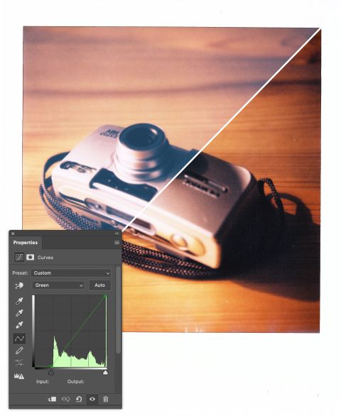 Polaroid SX-70 colour film reveals its high contrast (bottom-right) after some histogram equalization (defogging) in Photoshop.