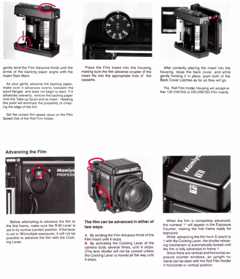 Loading new 120 film into Mamiya RZ67 Revolving Back (from the manual).