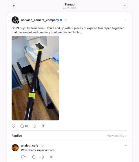 A post by Norwich Camera on Threads showed a particularly sinister Temu product with a few short film ends fastened by…