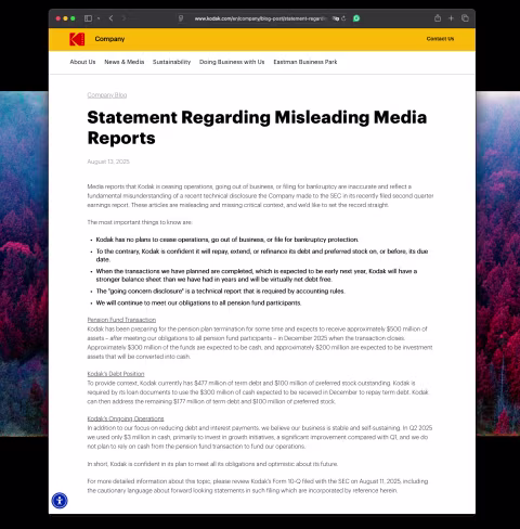 Update: Kodak issued a statement regarding “Misleading Media Reports.”
The news of Kodak’s financial report that dunke…