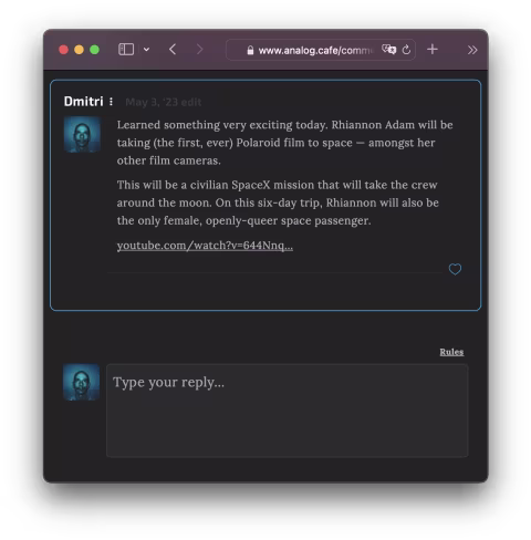 Share brief notes and start film-related conversations on Analog.Cafe.