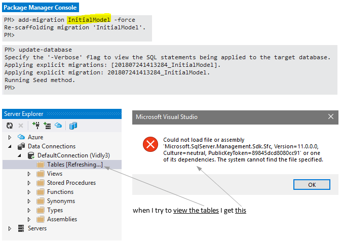 Could not load file or assembly 'Microsoft.SqlServer.Management.Sdk.sfc, Version=11.0.0.0, Culture=neutral or one of its dependencies. The system cannot find the file specified.