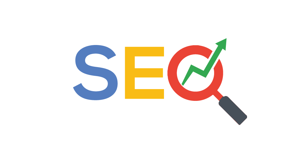 Simple graphic featuring 'SEO' text and a magnifying glass over a chart, representing search engine optimization