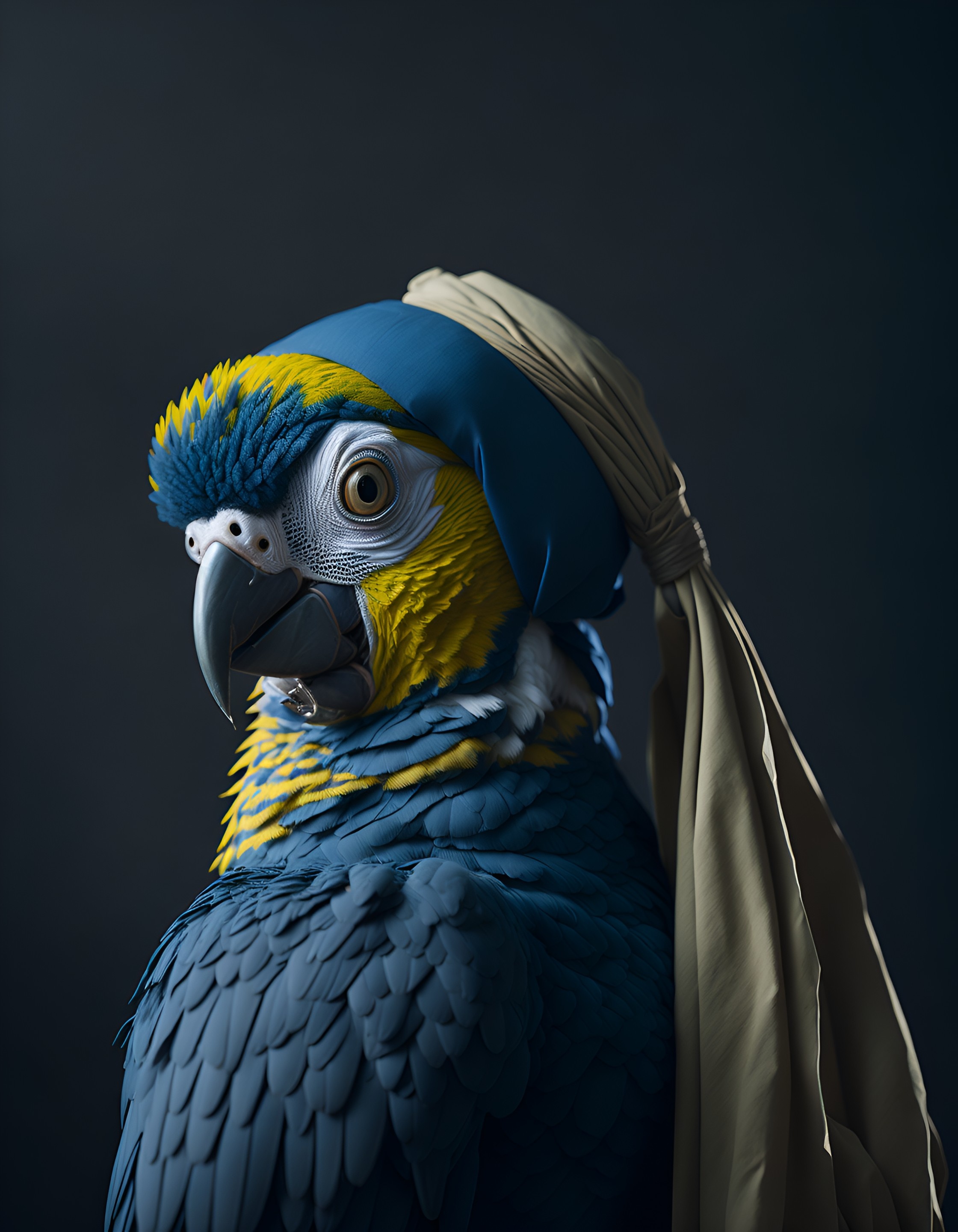 A parrot with a pearl earring painted in the style of Vermeer