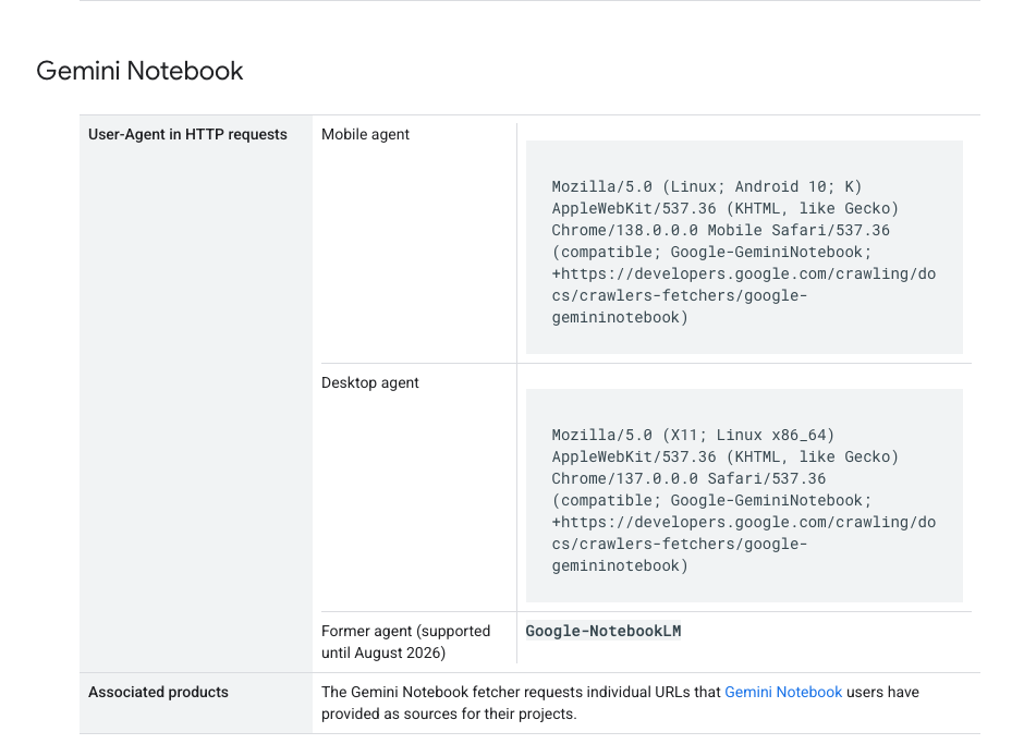 Google's official Gemini Notebook fetcher table showing the Mobile agent, Desktop agent, and 'Former agent (supported until August 2026) / Google-NotebookLM' rows