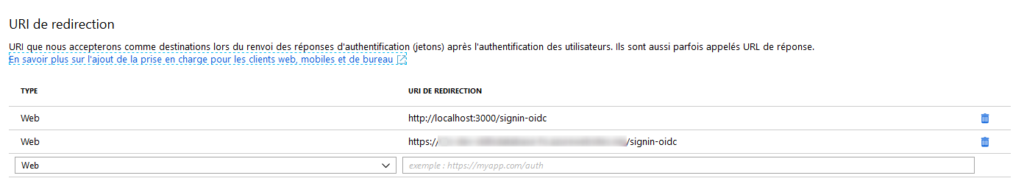 Azure - URI de redirection