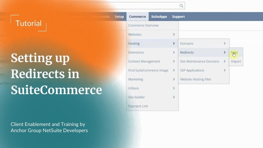 setting up redirects in suitecommerce white text overlay on netsuite ui screenshot