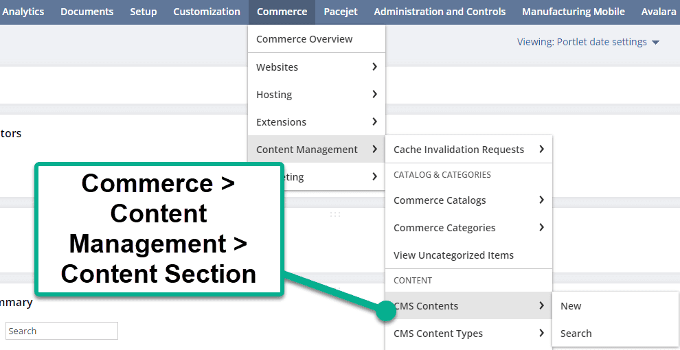 NetSuite Navigation Commerce Content Management Section