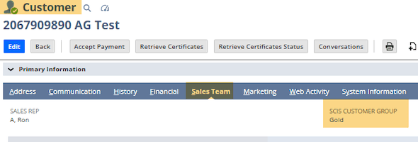 Customer account page displayed on the customer portal, showing account details and navigation options.