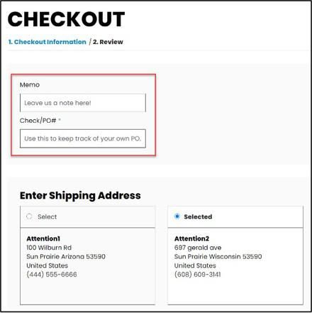 Checkout page on NetSuite with Memo and Check/PO# highlighted in red.