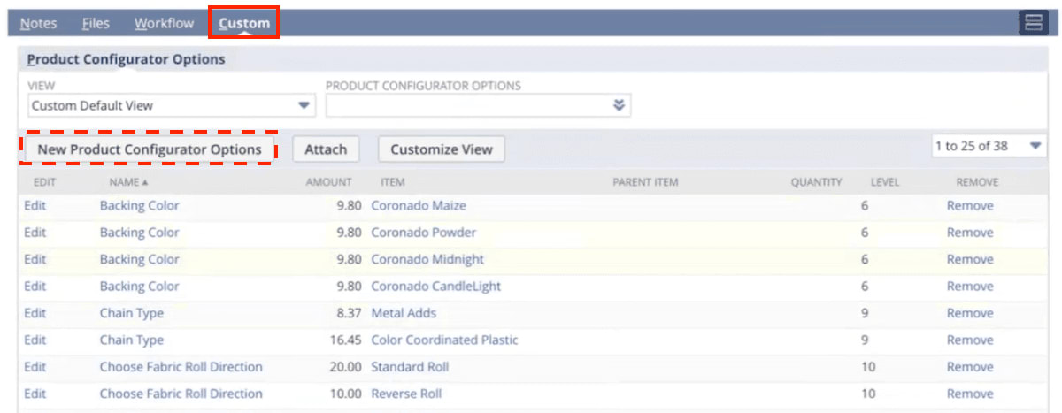 NetSuite Custom Product Configurator Options List