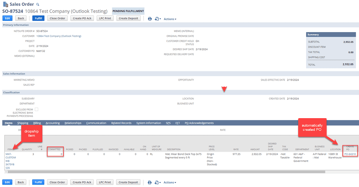 NetSuite Sales Order Dropship Item Automatically Created Purchase Order