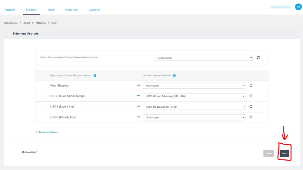 NetSuite BigCommerce Connector Shipment Methods Mapping