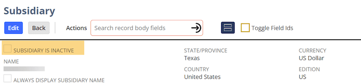 NetSuite Subsidiary is Inactive Checkbox