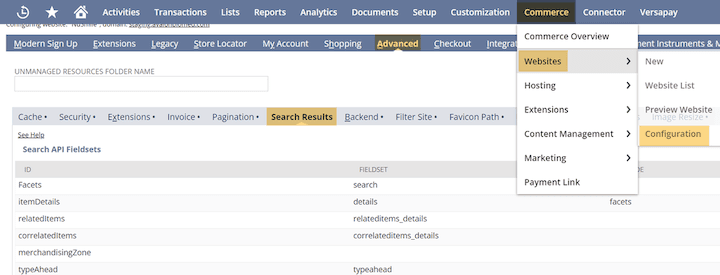 NetSuite Commerce Websites Configuration Search Results