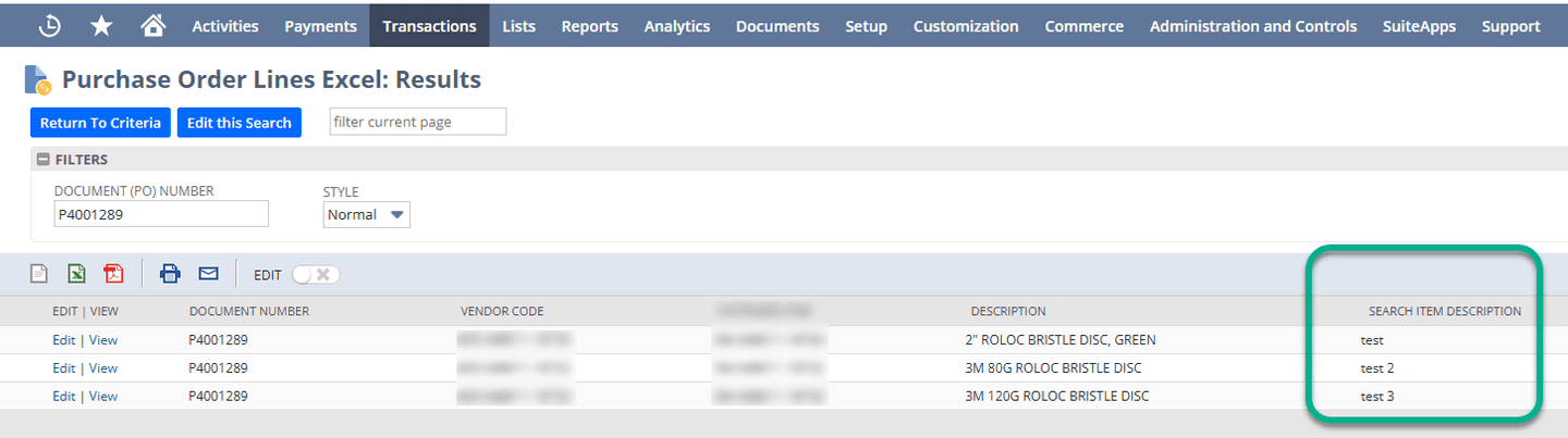 NetSuite Purchase Order Line Item Excel Results Search Item Definition