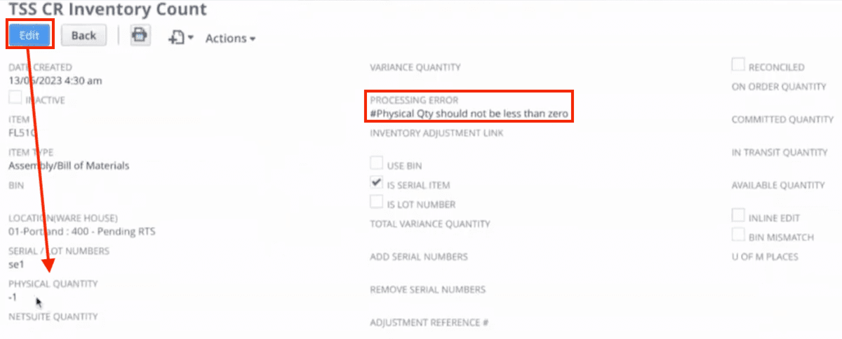 NetSuite Inventory Count Record Processing Error