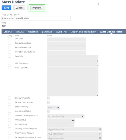 Mass Update page with preview button highlighted in green.