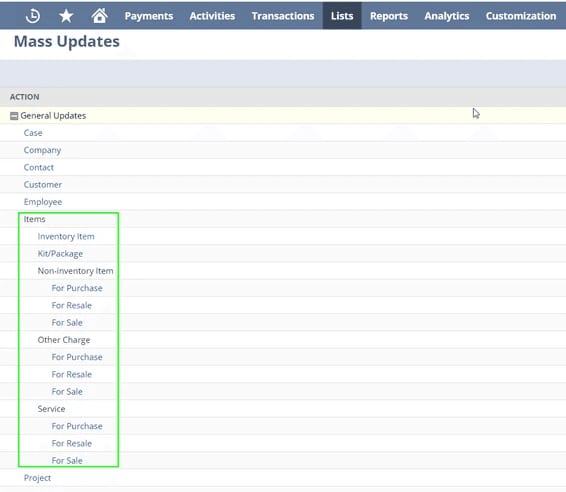 Mass Updates page with a Items list highlighted in green.