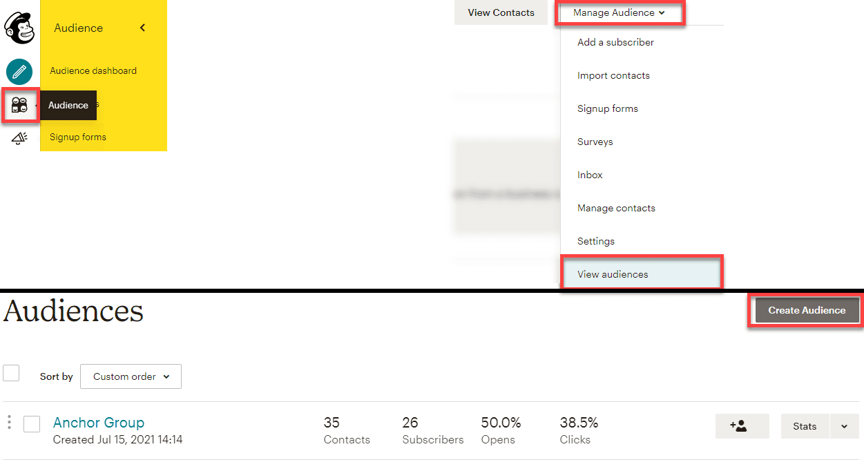 Mailchimp banner with multiple actions highlighted in red, regarding Audience configurations.