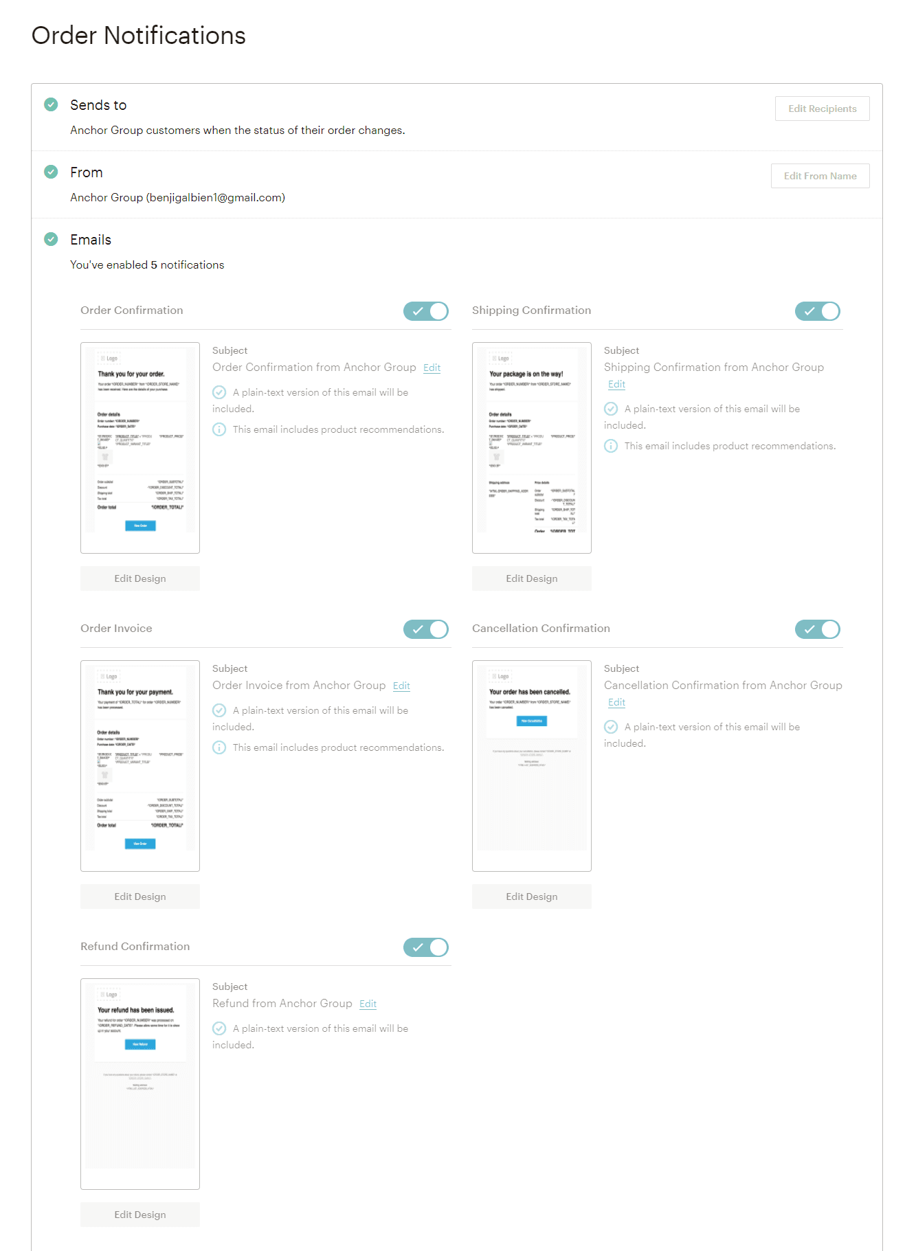 Order Notifications page displayed, showing the different possible elements.