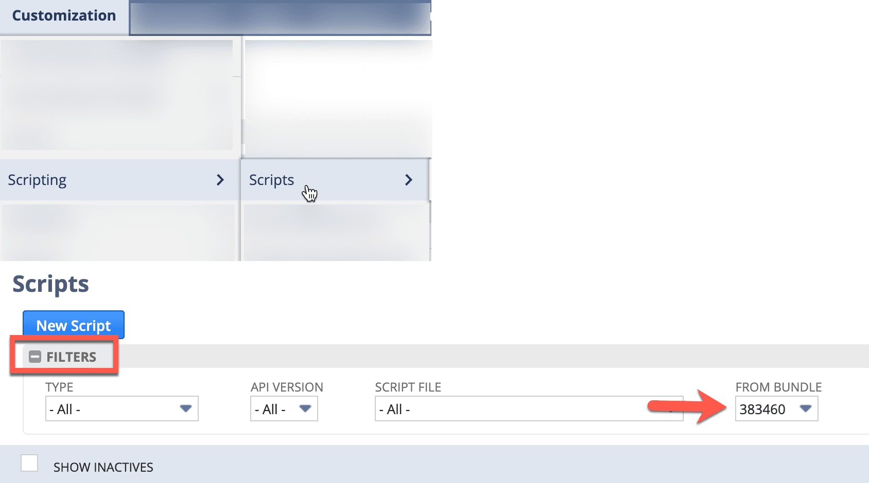 Scripts page with the Filters button highlighted, and an arrow.