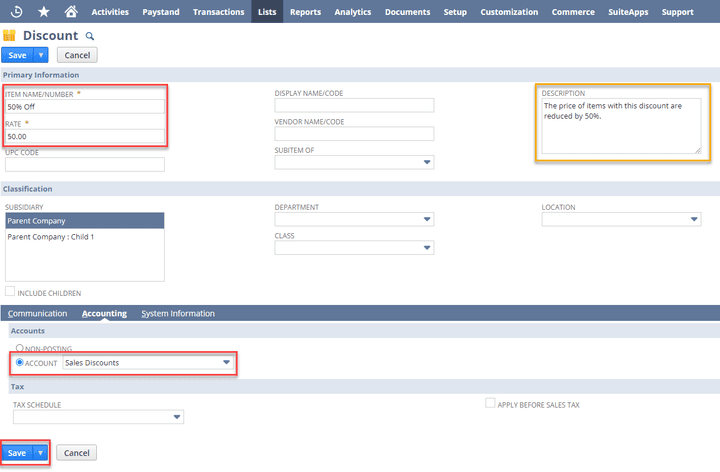 NetSuite 50 Percent Off Discount Record Example