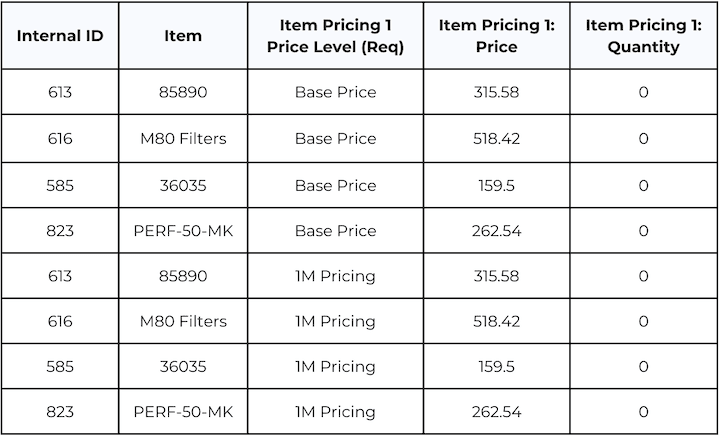 NetSuite CSV Import Item Price Data Table